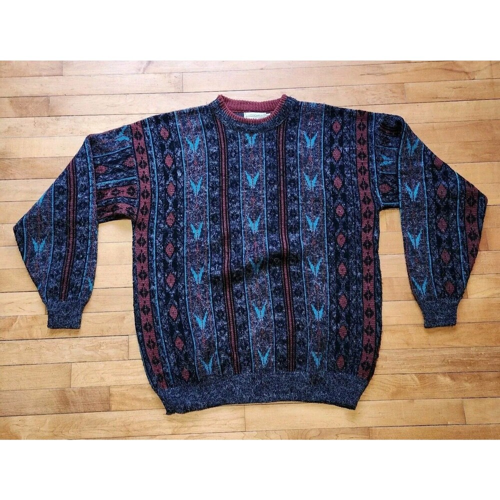 LG Tall VTG JJ Cochran Sweater Geometric Fuzzy Knitted Pullover USA Cosby 90s